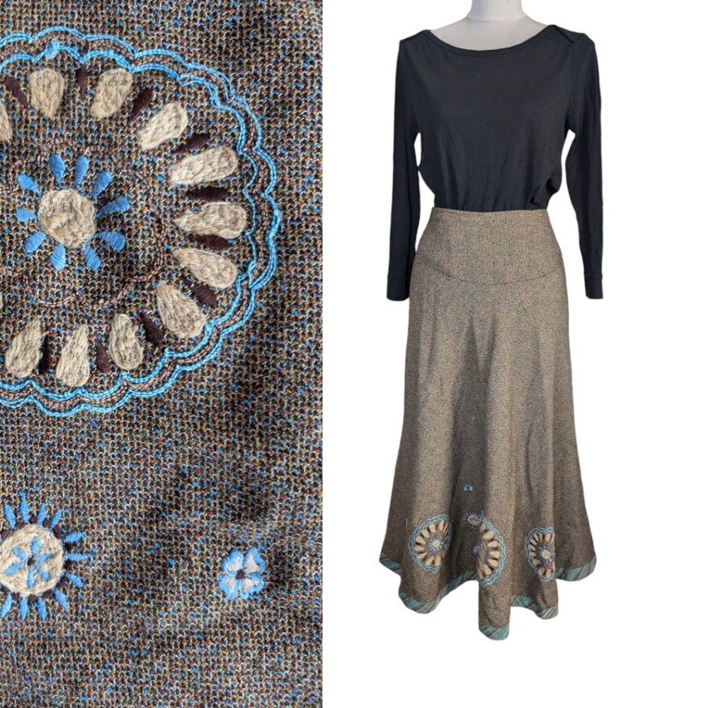 Bohemian embroidered tweed wool midi skirt size L a-line